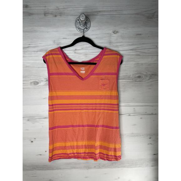 Nike Shirt Womens Medium Orange Striped V Neck Pocket Bamboo Blend Tank Top - Picture 1 of 8